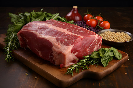 木桌上的新鲜牛肉背景图片