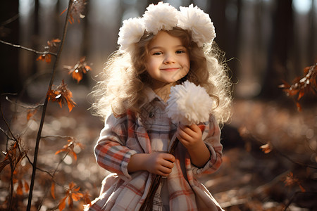 落叶中带花环的小女孩背景图片