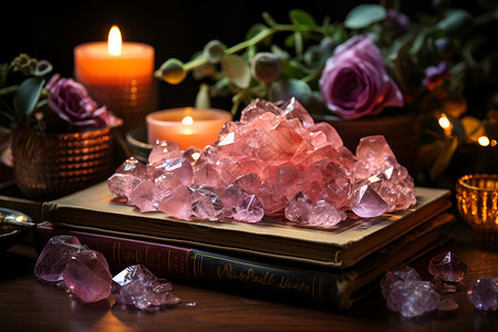 魔幻的粉色水晶簇与塔罗牌背景图片