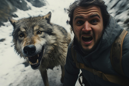 狼人的雪地里的人和狼背景