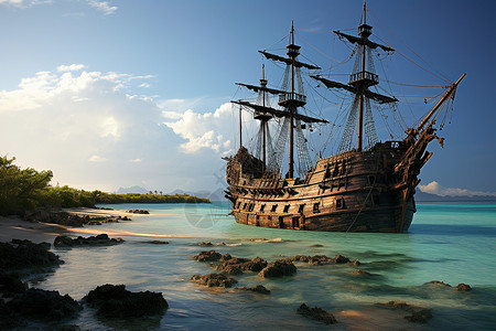 搁浅的海盗船高清图片