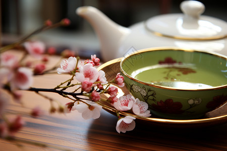 木桌上的桃花和茶具背景图片