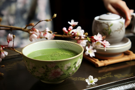 抹茶和桃花背景图片