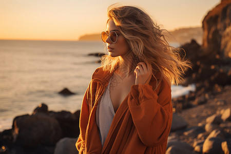 海边墨镜夕阳下海边的美丽女子背景