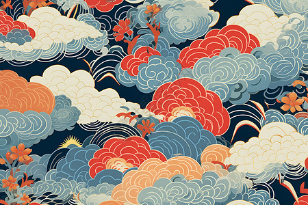 中式云彩彩色的云彩插画