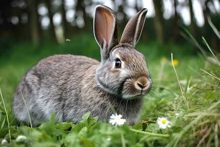 草地中的灰兔子背景图片