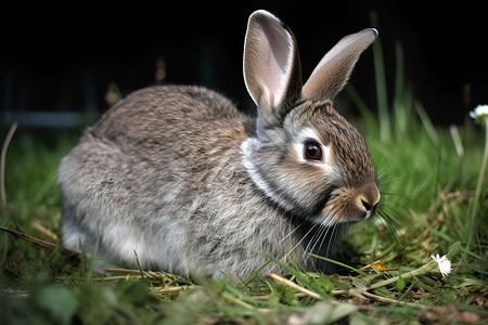草地上的灰色兔子背景图片
