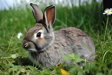 草地上的野生的动物兔子背景图片