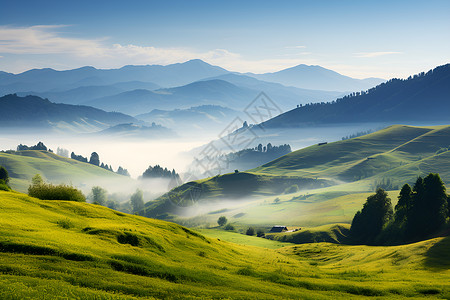 薄雾森林朦胧山谷景色背景