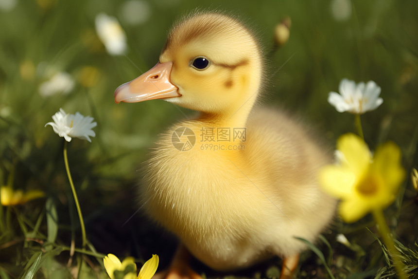 花丛的一只小黄鸭图片