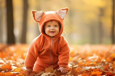 秋季宝宝在树叶中坐着的婴儿背景