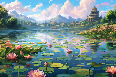 湖泊中的植物莲花背景图片