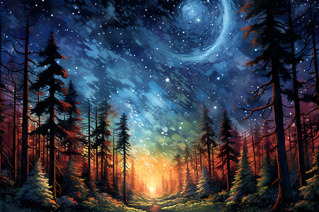 星空下的森林树木背景图片