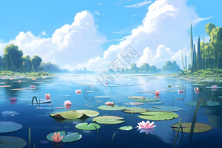 湖面的荷叶莲花背景图片