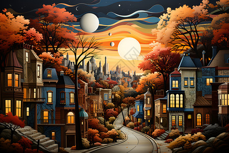 秋季的小城插画背景图片