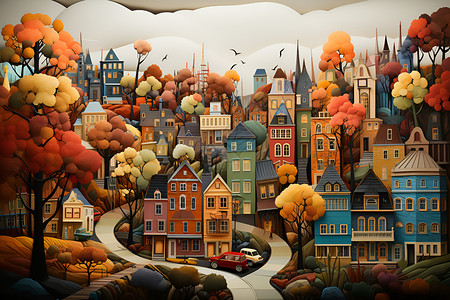 秋季小镇的插画背景图片