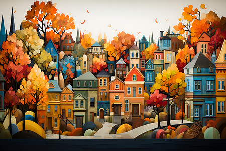 秋季城市的高楼绘画背景图片