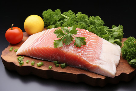 桌面上新鲜的鱼肉和蔬菜背景图片