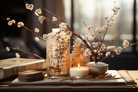 桌面上的烛光和梅花背景图片