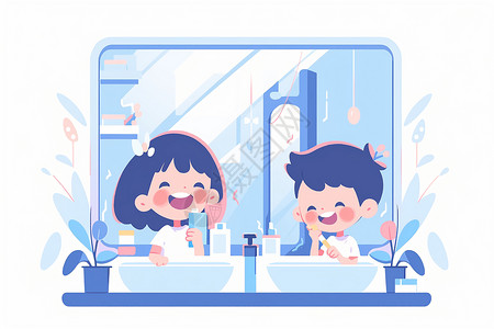 在浴室刷牙的儿童绘画背景图片