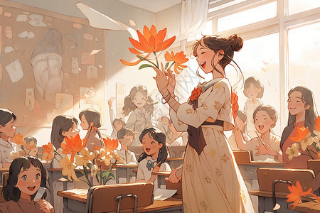 教室内拿着花朵的老师背景图片