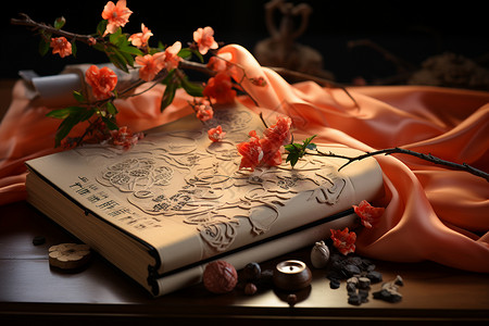 桌面上的书籍和丝绸背景图片