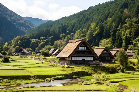 白模建筑山村风光日本的白川村背景
