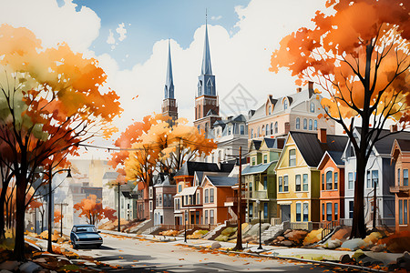 秋天小城背景图片
