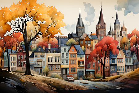 秋色小镇背景图片