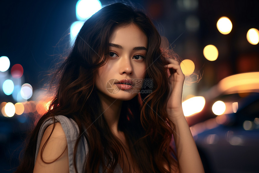 夜幕街道上的女孩图片