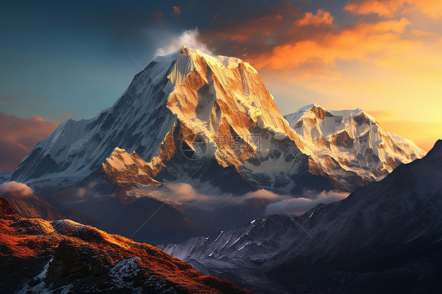日落下的雪山山脉图片