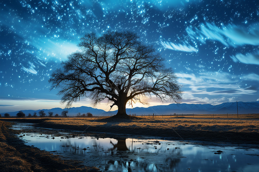 夜晚的星空大树图片