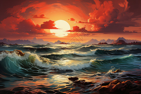 油画的海洋浪花背景图片