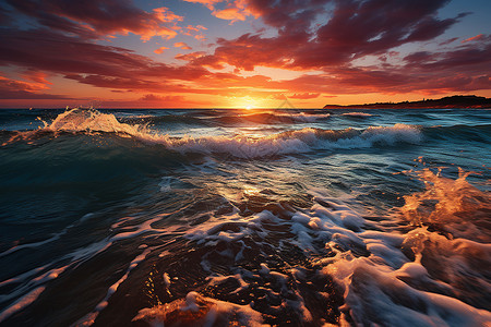 夕阳下的海浪海水背景图片