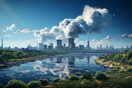 污染河流城市的污染工厂插画