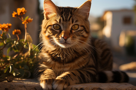 花朵旁的可爱猫猫背景图片