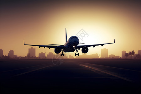 夕阳下降落的飞机背景图片
