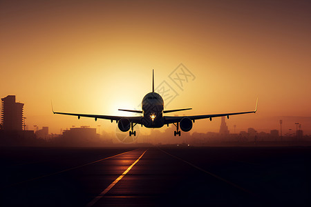 夕阳下起飞的飞机背景图片