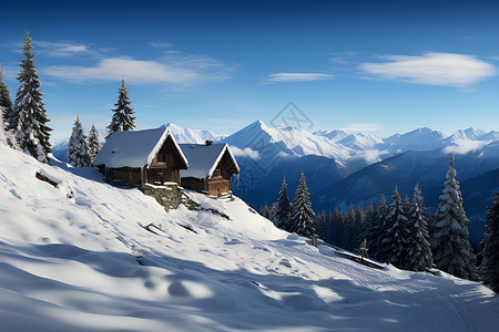 冰雪山谷里的的农舍背景图片