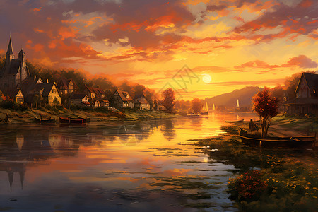 夕阳河边黄昏落日下的河边小镇插画