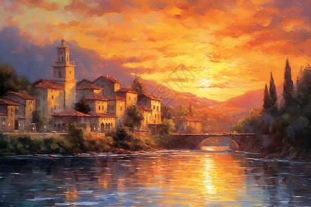 夕阳下的河边小镇背景图片
