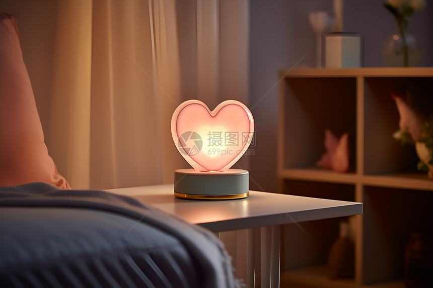 床头柜上的心形灯泡图片