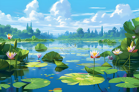 莲花湖清澈湖面上盛开的莲花插画