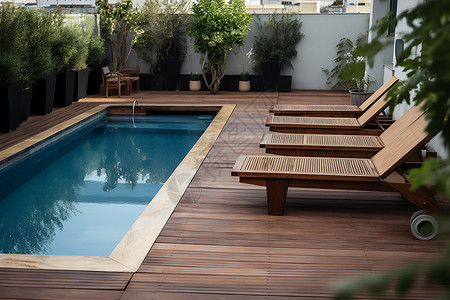 泳池畔的木质平台和木凳背景图片