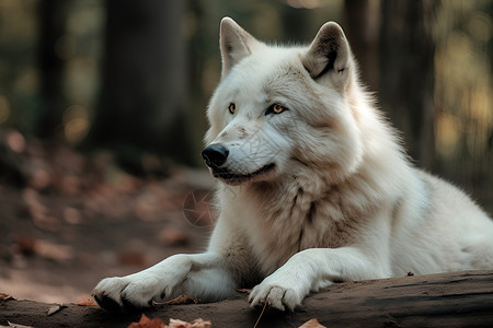 白狼伏在木头上高清图片