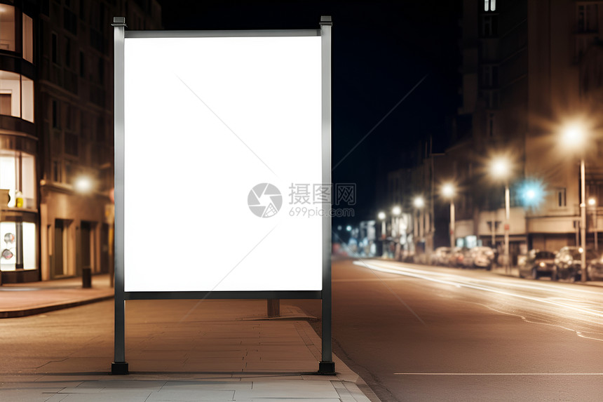 夜晚街头的白色广告牌图片