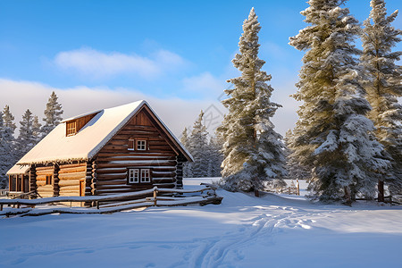 冬日中一座村舍的雪景背景图片