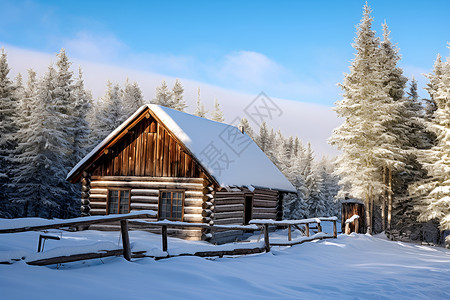 冷冻雪地冬日森林小屋背景