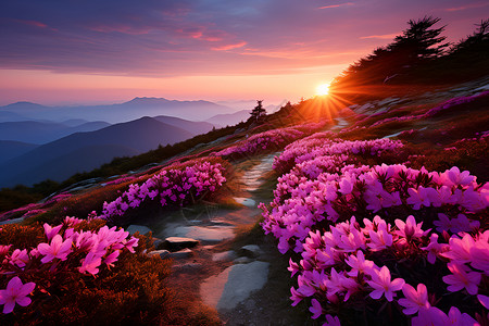 魔幻地山峰上的花海背景图片