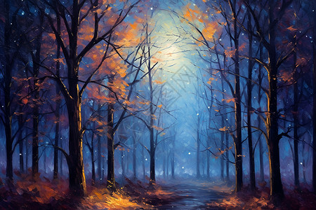 星光和树木璀璨绚烂沐浴星空的森林之路插画